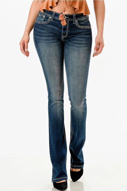 Grace In LA Aztec Motif Embroidery Mid-Rise Boot Cut 34"