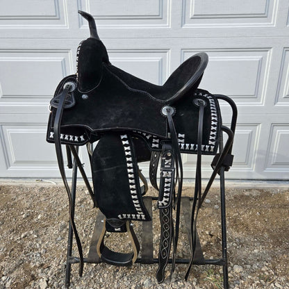 14" Tomahawk  Black Suede Lightweight X-Buckstitch Barrel Saddle