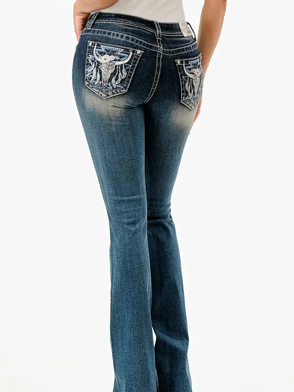 Grace In LA Floral Steer Head Aztec Mid-Rise Boot Cut 34"