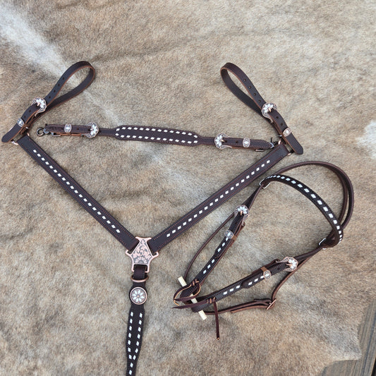 White Cactus Flower Buckstitch Dark Chocolate Tack Set