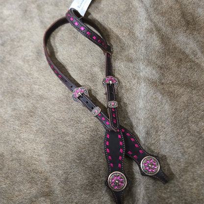 Metallic Pink Buckstitched One Ear Headstall