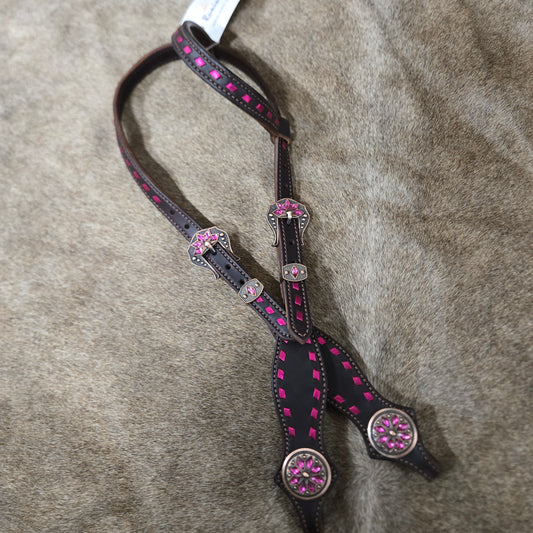 Metallic Pink Buckstitched One Ear Headstall
