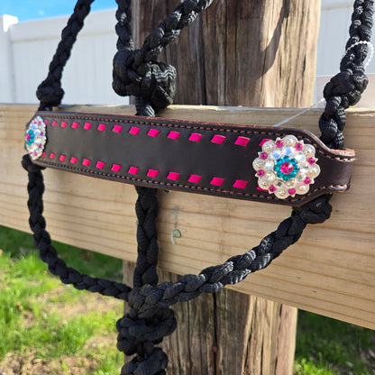 Wide Pink Buckstitched Noseband on Black Muletape Rope Halter & Lead