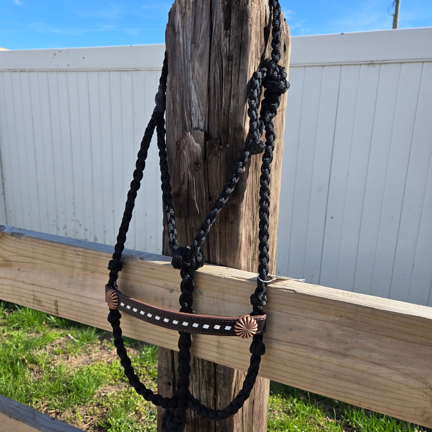 White Buckstitched Noseband on Black Muletape Rope Halter & Lead
