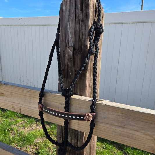 White Buckstitched Noseband on Black Muletape Rope Halter & Lead