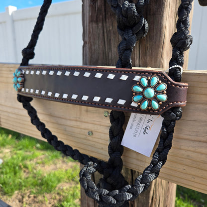 Wide White Buckstitched Noseband on Black Muletape Rope Halter & Lead