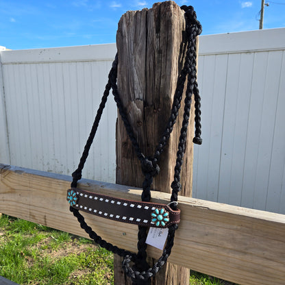 Wide White Buckstitched Noseband on Black Muletape Rope Halter & Lead