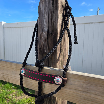 Wide Pink Buckstitched Noseband on Black Muletape Rope Halter & Lead
