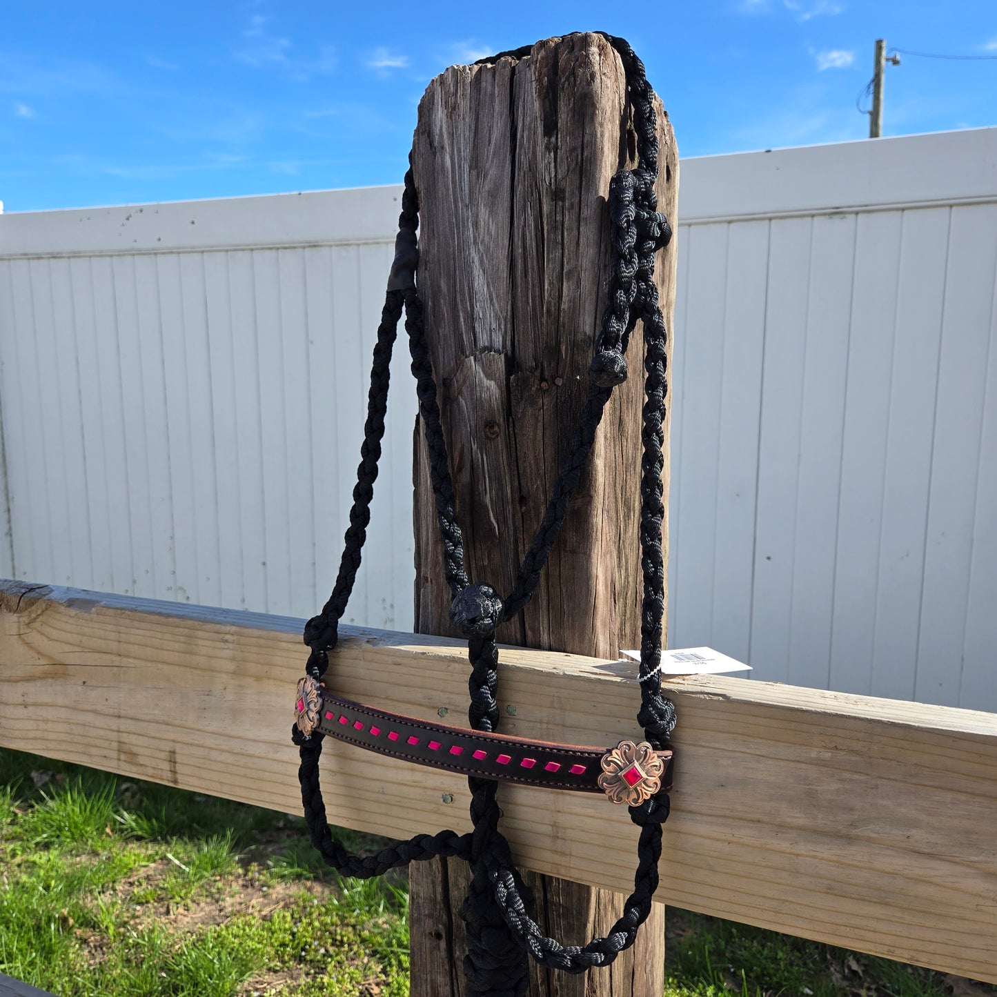 Pink Buckstitched Noseband on Black Muletape Rope Halter & Lead