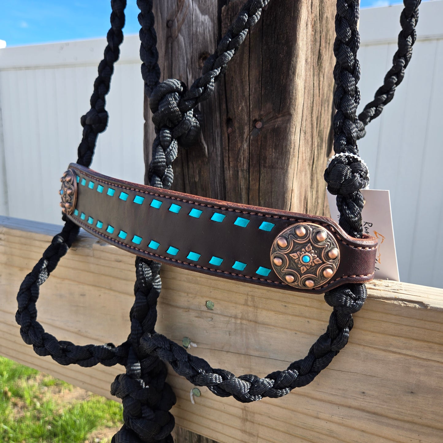 Wide Turquoise Buckstitched Noseband on Black Muletape Rope Halter & Lead