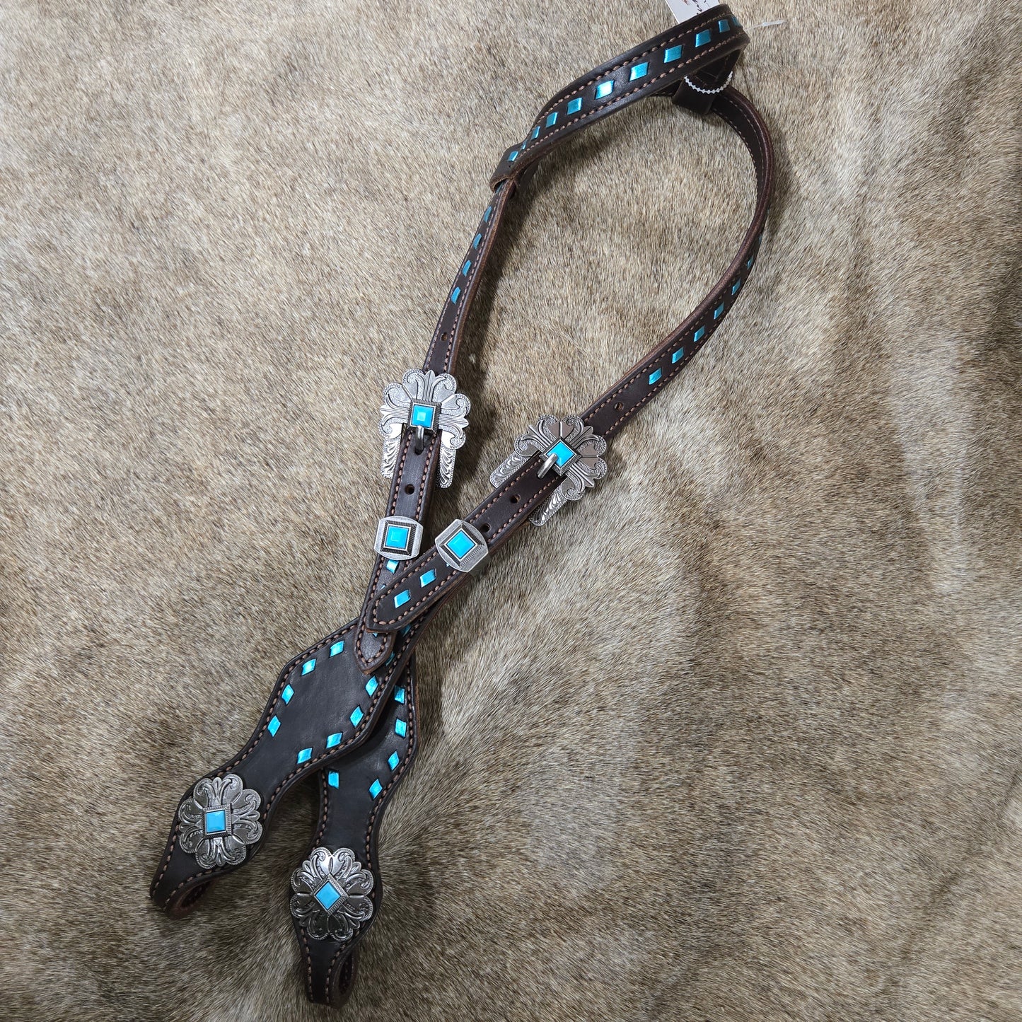 Metallic Turquoise Buckstitched One Ear Headstall