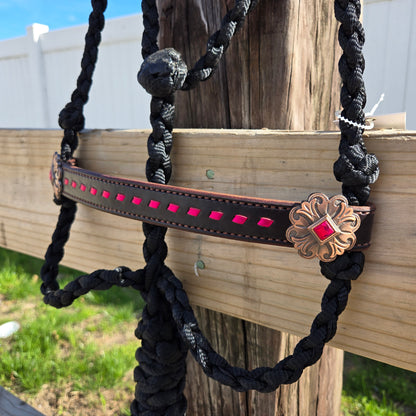 Pink Buckstitched Noseband on Black Muletape Rope Halter & Lead