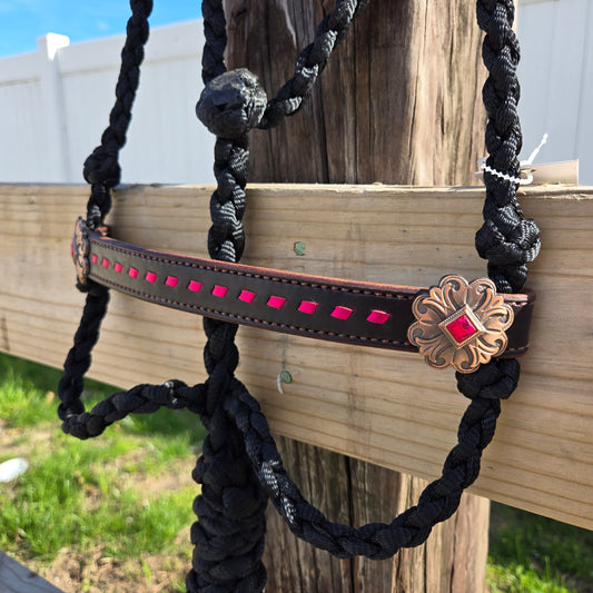 Pink Buckstitched Noseband on Black Muletape Rope Halter & Lead