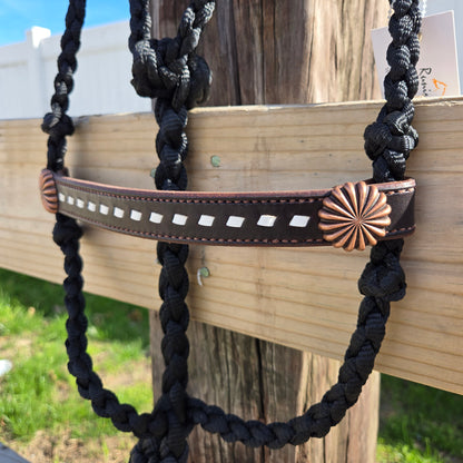 White Buckstitched Noseband on Black Muletape Rope Halter & Lead