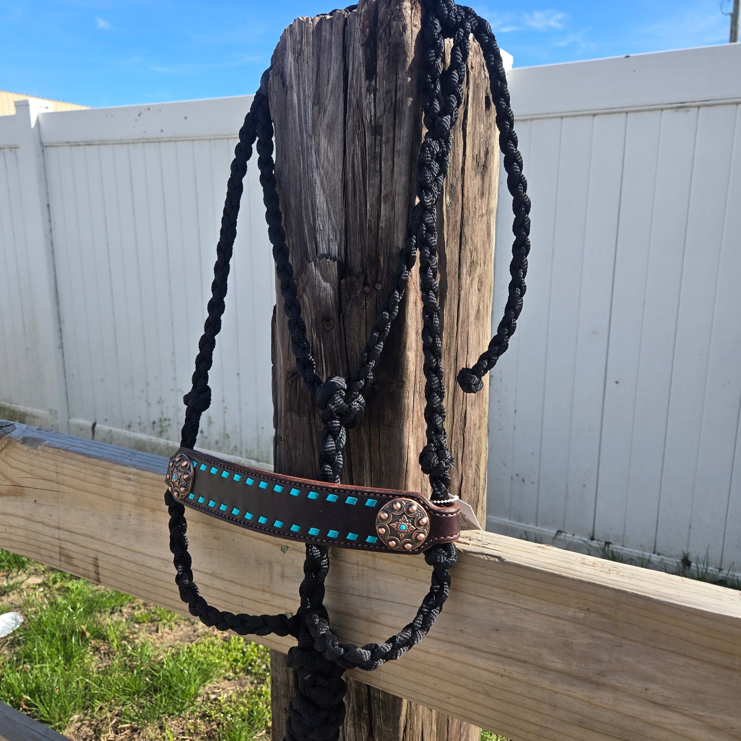 Wide Turquoise Buckstitched Noseband on Black Muletape Rope Halter & Lead