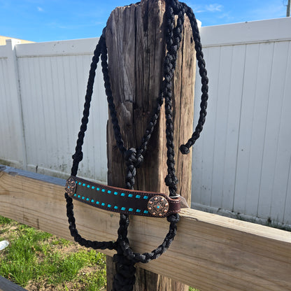 Wide Turquoise Buckstitched Noseband on Black Muletape Rope Halter & Lead