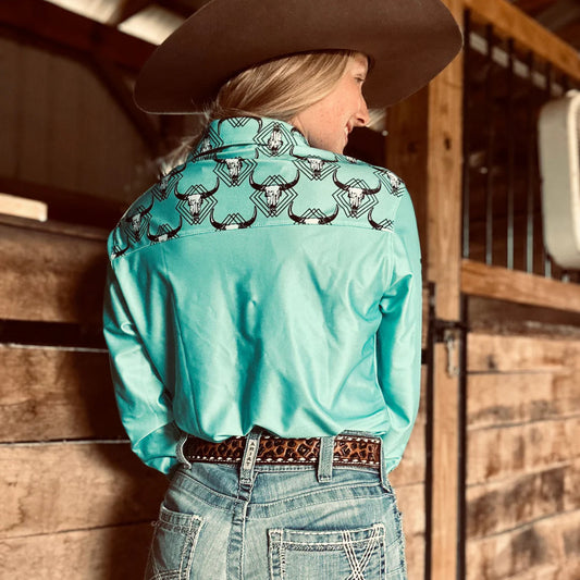 Rocket Donkey Teal Cow Rodeo Shirt