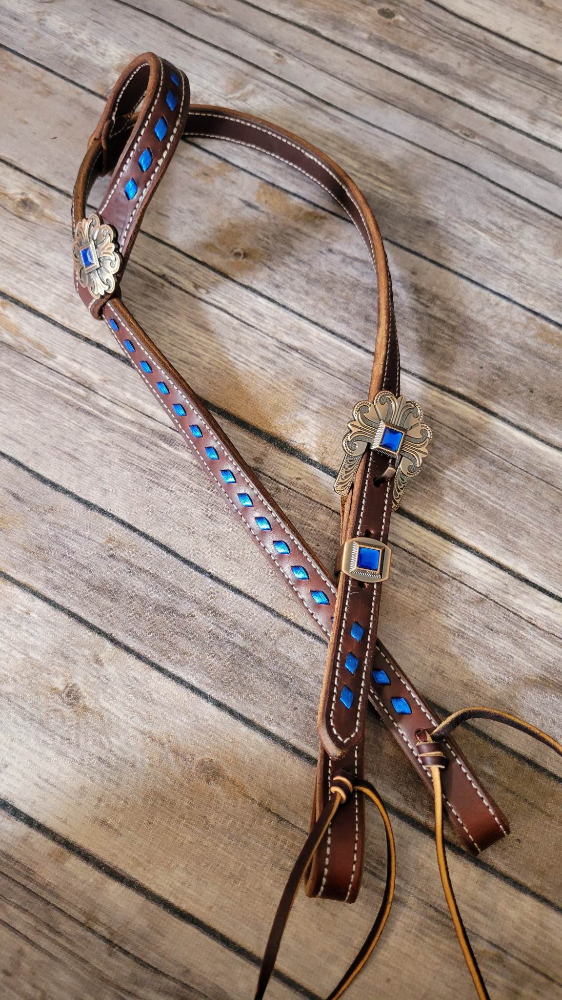 Blue Buckstitched Floral Headstall