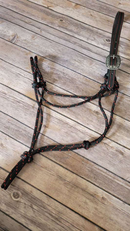 Black/Red Soft Rope Halter with Buckstitched Leather Crown