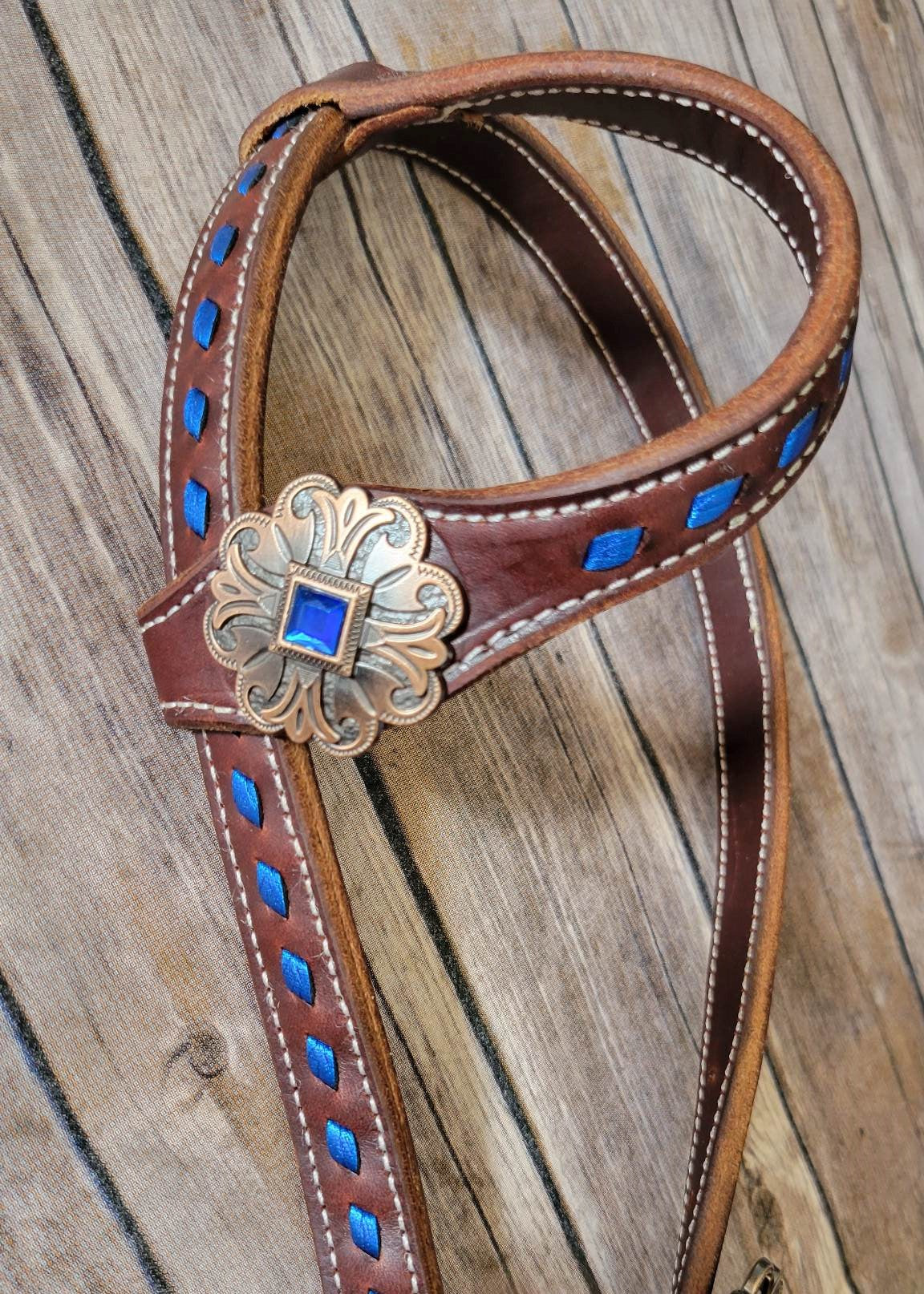Blue Buckstitched Floral Headstall