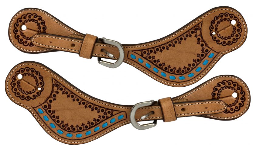 Showman Ladies Tooled With Turquoise Buckstitch Spur Straps